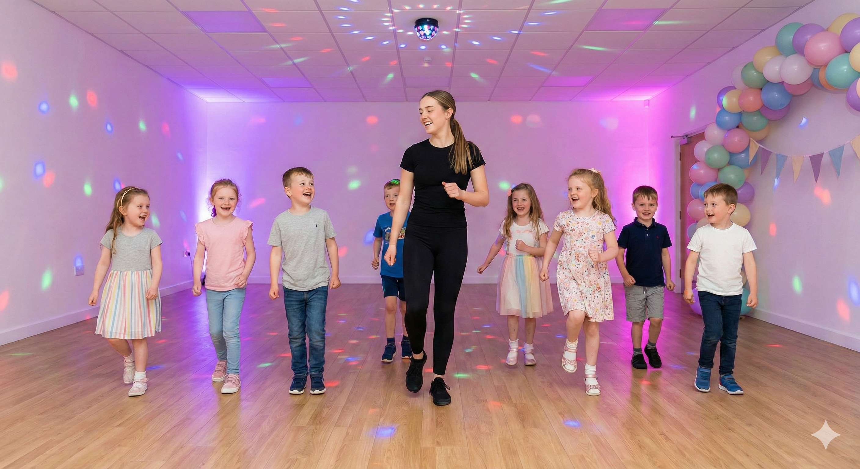 Children laughing and dancing with their MOUVE party host under disco lights